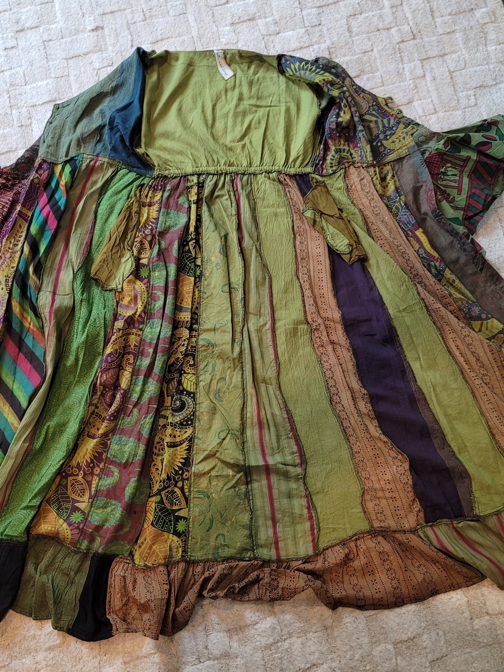 ARATTA 100% Cotton Patchwork Bohemian Bell Sleeve Duster Dress Green Size M / L - Picture 7 of 12